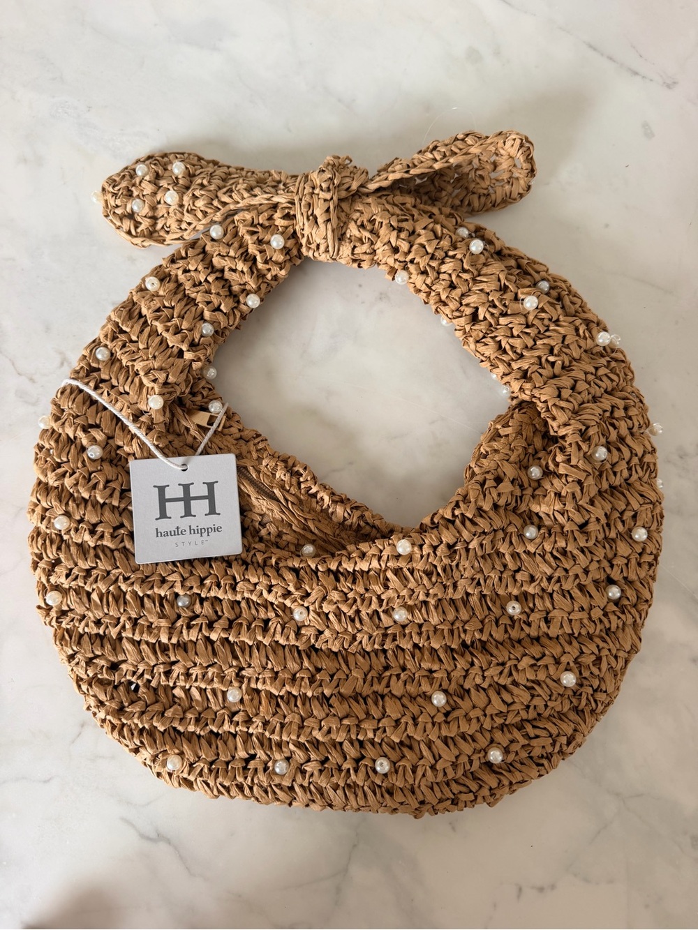 Haute Hippie Pearl-Embellished Woven Straw Tote - Camel